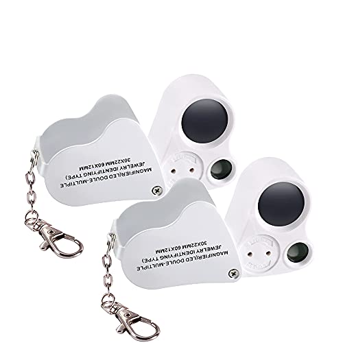 Image of Jiusion 2 Pack Silver Portable Lighted LED Illuminated Jewelry Magnifier 30X 60X Wearable Handheld Dual Lens Eye Loupe Magnifying Glasses Micro Microscope with Keychain and Lanyard