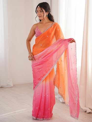 Image of AKHILAM Women's Shimmer Satin Sequence Embroidery Saree With Unstitched Blouse Piece(AARYAN21701 KR Parent)