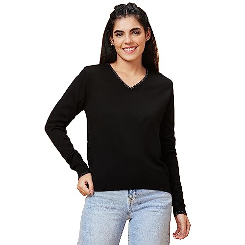 Image of Globus Women Black Solid V-Neck Casual Top-3638063002