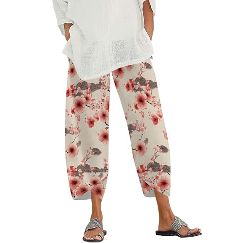 Fashion Graphic High Waist Elastic Cropped Capri Pants for Women Wide Leg Boho Floral Print Trousers with Packets