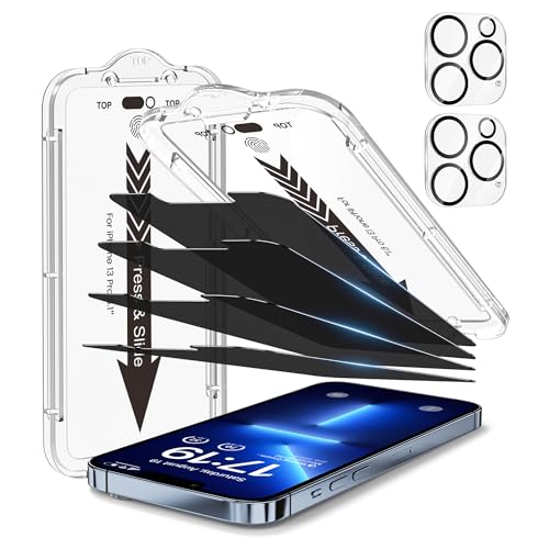 EZ-GLAZ 4-Pack Screen Protector for iPhone 13 Pro 6.1 inch Black Privacy with Flawless Fit Kit + 2-Pack Camera Lens Protector 15-Second Bubble-Free Installation 9H Hardness 12FT Military Grade Shatterproof Scratch Resistant Tempered Glass
