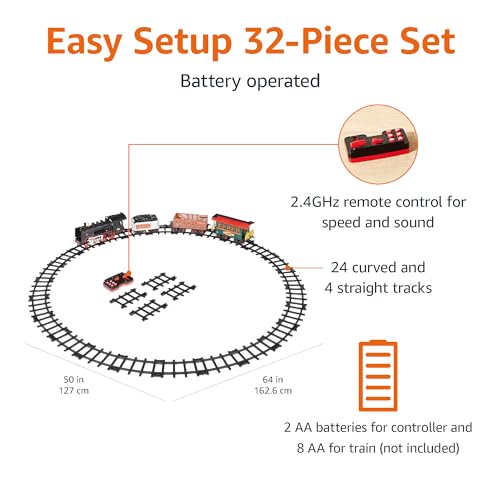 Image of Amazon Basics Remote Control Steam Engine Hobby Train Set with Tender and Gondola and Caboose Smoking, working light and realistic sounds Age 3 or up Perfect for Kids, Multicolor