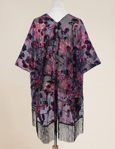 Image of MJ SERECA Women's Burnout Velvet Kimono Cardigan Cover Up with Tassel
