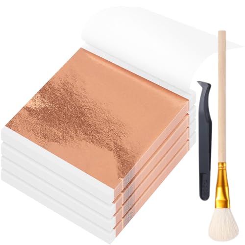 Maitys 400 Pcs Imitation Gold Leaf Sheet, for Art Silver Foil Sheet Set with Brush and Nipper for Painting Gilding Picture Frame Sculpture DIY Craft Decoration Furniture, 3.5 x 3.5 Inches(Rose Gold)