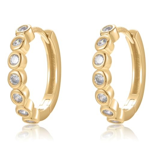 Round Huggie Ear Cuff Gold Earrings for Women | 18K Gold Plated Cubic Zirconia Sparkling | Clip On Cartilage| Simulated Diamond Bezel-Set CZ Huggie Hoop Earrings