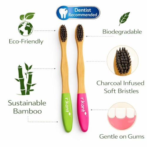 Image of R.Kant Pack of 2 Bamboo Toothbrush Combo for Adults | Green & Pink | Charcoal Infused Soft Bristles | Eco-Friendly Handle | Includes 2 Toothbrushes & 1 Bamboo Tongue Cleaner