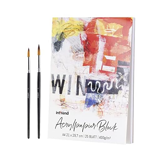 int!rend Papel Acrílico Premium, 400 g, Bloque DIN A4, 25 hojas, Blanco, Pegado en el lado de la cabeza, Almohadilla de pintura acrílica, Papel de dibujo A4 incl. 2 pinceles de calidad