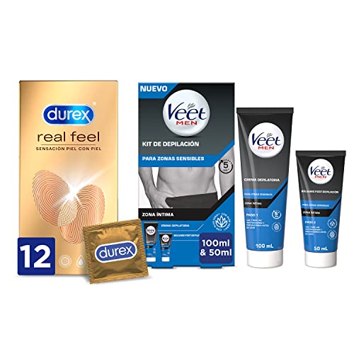 Durex Preservativos Sensitivos Real Feel Sin Látex, 12 condones, + Veet Men Kit de Depilación para Zonas Íntimas del Cuerpo 2x50ml