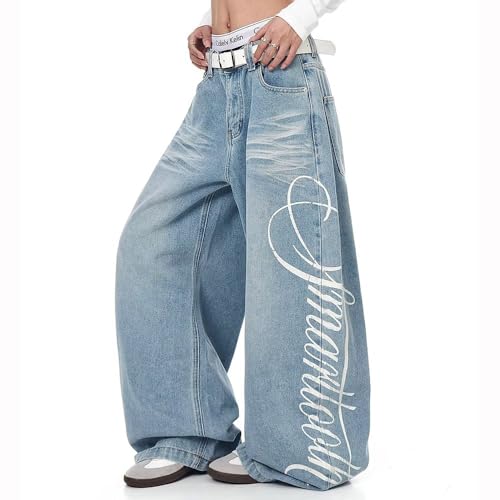 High Waisted Wide Leg Letter Print Baggy Flare Jeans for Women Fall Unisex Vintage Hip-Hop Washed Trousers Pants3