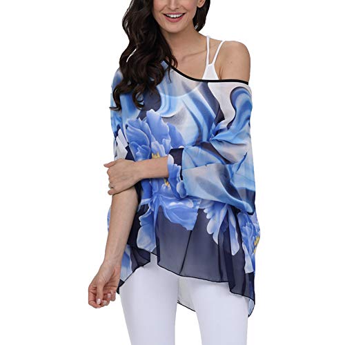 Image of Ckikiou Plus Size Batwing Flowy Semi Sheer Chiffon Blouse Tunic for Women Summer Floral Print Boho Beach Cover ups