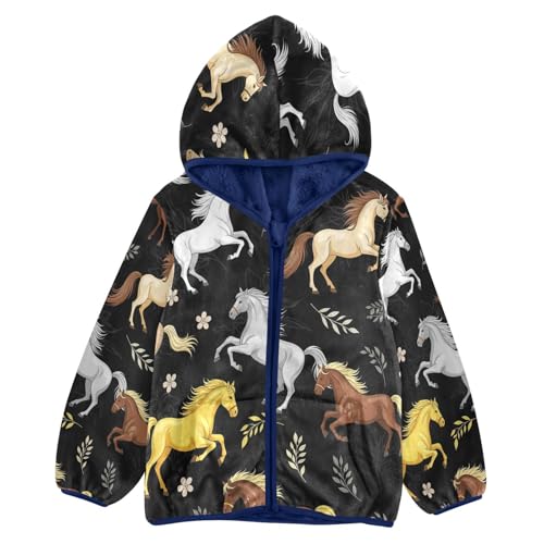 Horses Running on Black Toddler Fleece Jacket Girl Boys Hooded Fleece Jacket Coat Warm Outwear Zip-up 3-10T