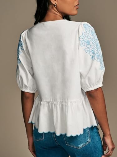 Women Tie Front Blouse Floral Embroidered Shirt Summer Tie Front Short Top Puff Sleeve Babydoll Peplum Ruffle Hem4