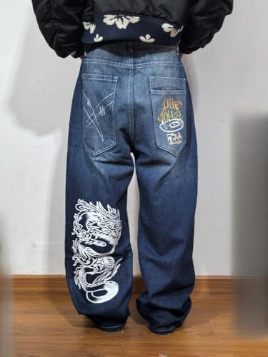 Unisex Y2K Hip Hop Street Jeans Dragon Print Gothic Baggy Jeans Vintage High Waist Denim Jeans Wide Leg Pants 5