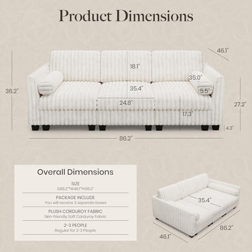 Image of Belffin Plush Corduory Sectional Sleeper Sofa with Wide Deep Seat Modular Sectional Cloud Couches for Living Room. Beige Couch