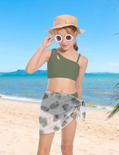 oklady Girls Swimsuit 3 Pcs Bathing Suits Cute Cutout Bikini Sets with Tropical Floral Cover Up Skirt 7-16 Years2