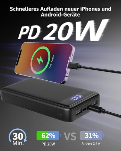 Power Bank 26800mAh, 22.5W Powerbank, Externer Handyakku Schnellladen USB C Input & Output mit LED Anzeige, PD3.0 QC4.0 Tragbares Ladegerät Kompatibel mit iPhone 16 15 14 13 12 Pro Max iPad. 2