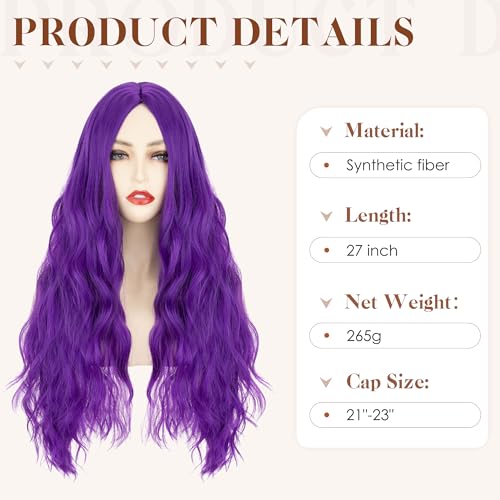 Image of S-noilite Long Purple Wavy Wig for Women 27 inch Middle Part Curly Wavy Wig Heat Resistant Synthetic Hair Seamless Hairline Colorful Anime Cosplay Wigs Halloween Costume Party