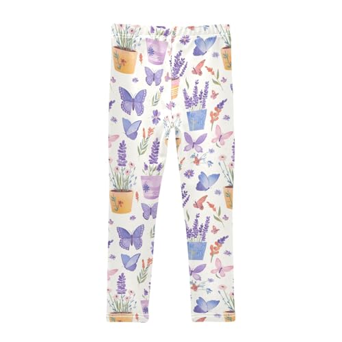 Wusikd Butterflies Lavender Girls' Leggings Toddler Doodles Flower Pots Kids Yoga Pants Dance Active Tights 4T2