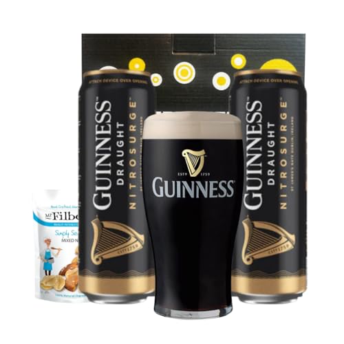 Guinness NitroSurge Draught Stout Cans Gift Set with Official Guinness Pint Glass (2 Pack) – Smooth Pour Technology, 4.2% ABV – Premium Beer Gift for Him, Her, Birthdays & More