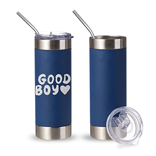 Craft Express Stainless Steel Skinny Tumbler 20 Oz For Xtool - Blue Laserable Pu Leather Sleeve Engraved Silver Logo - Vacuum Insulated Stainless Steel Tumbler With Lid And Straw 2 Pack #TOP5