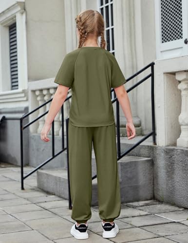 Arshiner Girls 2 Piece Outfits Fashion Clothes Short Sleeve Tops and Jogger Pants Kids Tracksuit Sweatsuits Set3