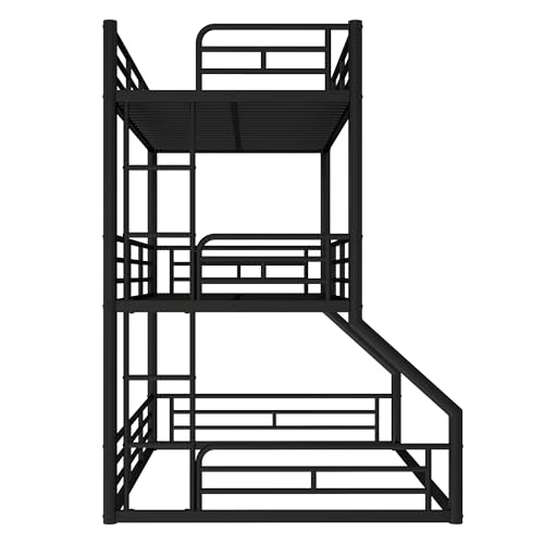 Image of Twin Over Twin Over Full Bunk Bed with Safety Guardrails, Modern Metal Triple Bed Frame for Kids, No Box Spring Required, Black