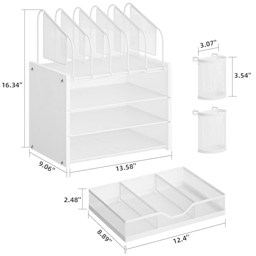 Image of Marbrasse Desk organizer with Drawer, 4-Tier Wooden File Organizer with 5 Vertical File Holders and 2 Pen Holders, Desk Organizers and Accessories for Home Office - White