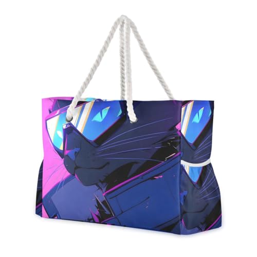 Cat Cool Beach Tote Bag - Waterproof Travel Bag with PVC Compartment, Oversized Pool Tote for Vacation Essentials, Vintage Nylon Beach Accessory for Multipurpose Storage