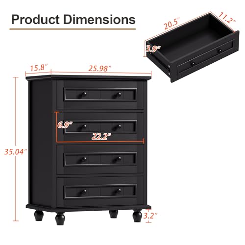 Image of 4 Drawer Dresser for Bedroom, 35'' Tall Storage Chest of Drawers, Black | Farmhouse Dresser for Closet, Wood Storage Cabinet, Vintage Roman Column Legs, Painted Finish, Easy Assembly, Heavy Duty