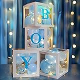 Uptotop 4 Pcs Baby Blocks Transparent Balloon Boxes with A-E Letters, Fairy String Lights, 36 Pcs Latex Balloons for Baby Shower Decor, Blue