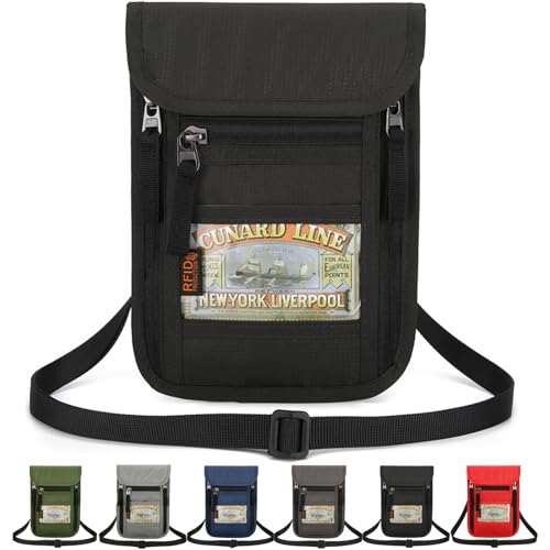 Tcdwla Porta-documentos viagem de pescoço com bloqueio RFID, porta-passaporte, mala para telemóvel mulher impermeável, mala de viagem portátil, pode cartão de crédito, documentos, fotos, Preto, M