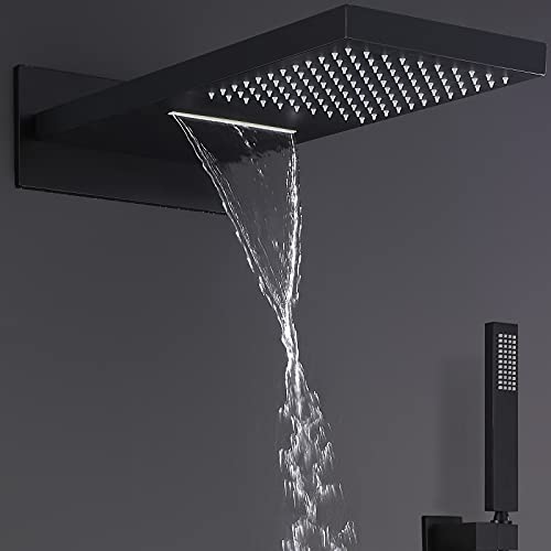 Rbrohant Thermostatic Shower System Matte Black, 20X11 Inch Rectangular Dual-Function Rainfall Shower Head With Handheld Sprayer, Wall Mounted, Solid Brass, Rough-In Valve Body And Trim Included #TOP3