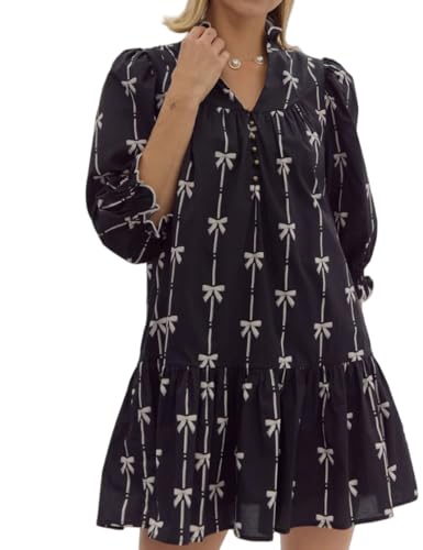 Women Puff Three-Quarter Sleeve Mini Dress Mock V Neck Babydoll Short Dress with Bow Print
