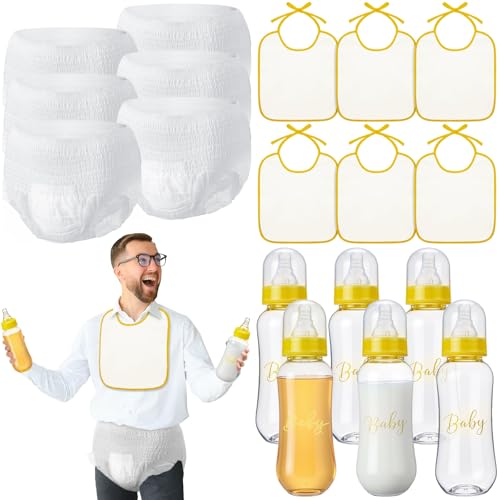 6 Sets Bottle Chug Baby Shower Games Juegos Para Plastic Baby Bottles Bibs Disposable Diapers Gender Reveal Games Baby Changing Diaper Race Game Decoration (Yellow)