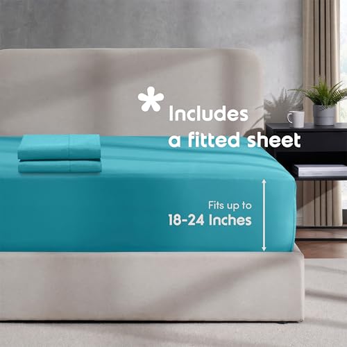 Image of Hearth & Harbor Bright Blue Duvet Cover with Fitted Sheet Full Size | 4 Piece Soft Double Brushed Bedding Set, Button Closure, 1 Duvet Cover 80x90 Inches, 1 Fitted Sheet, 2 Pillow Shams