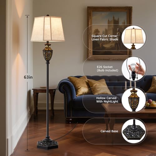 Image of Luvkczc Vintage Black Floor Lamp,Resin Traditional Standing Lamp | with 6-Sided Carved Hollow Nightlight, for Living Room, Bedroom, Study (Bulb Included)