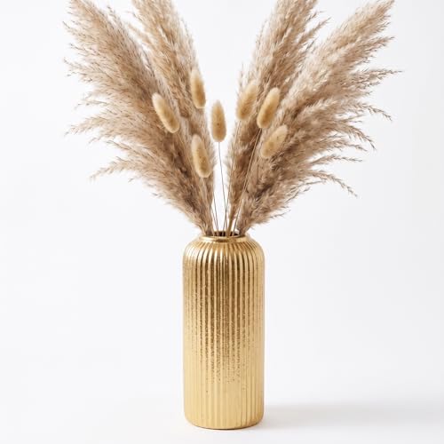 Image of KREATIVE ART'S Modern Ribbed Design Ceramic Flower Vase for Living Room, Flower Pots for Artificial Flower, Home Decoration Item, Home Decor, Vases for Living Room (Gold, Medium)