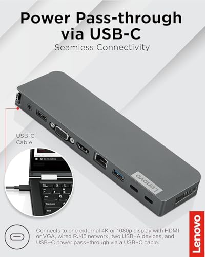 Image of Lenovo 7-in-1 USB-C Dock, Portable Docking Station, 2 x USB-C, VGA, HDMI 4K, Support Dual Display, Ethernet Port, 65W Power Delivery, for ThinkPad, Latitude, ProBook, EliteBook, MacBook Laptop