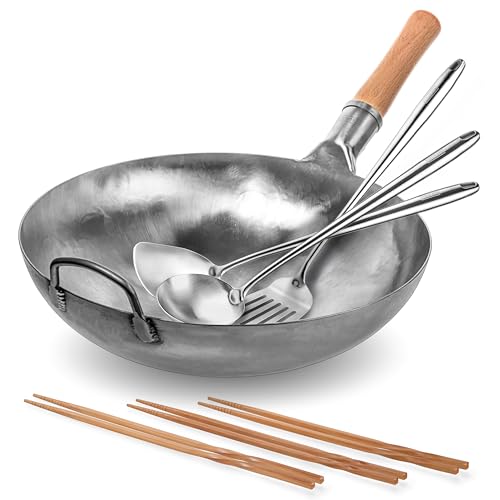 Wok con mango de madera YOSUKATA 14 in plateado miniatura 1