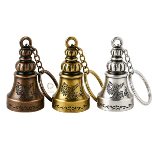 Image of Vintage Bell Keychain, Bronze, Golden and Silver, Premium Metal, Griffin Engraved, 3 Color Combo Set. Antique Vintage Design Keychain for Car, Bike, Bags & Gifts