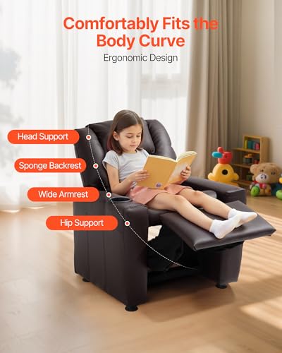 Image of VEVOR Kids Recliner, Toddler Recliner with Cup Holder, 101 to 121 Adjustable Backrest, Push Back PU Leather Kids Reclining Chair Couch with Footrest & 90 lbs Load, Ideal for Child Ages 1-6, Brown
