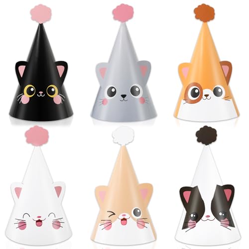 24 PCS Cat Birthday Party Decoration for Kids Cute Kitten Themed Party Cone Hats Cat Theme Cone Hats Kids Birthday Headwear for Boys and Girls Cosplay Dress Up Kitten Themed Supplies,6 Designs