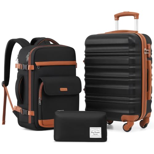 LONG VACATION Carry On Luggage Sets 3 Piece 20 Inch Suitcase Set ABS+PC Hard shell Lightweight Travel Luggage with Spinner Wheels & YKK Zipper TSA Lock (BLACK-BROWN 20 INCH (BP-2/TB))