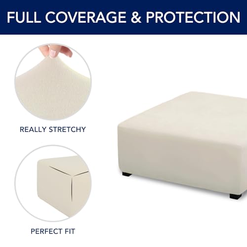 Image of PureFit Super Stretch Form Fit Square Ottoman Cover Rectangle - Ottoman Slipcovers for Foot Stool & Folding Storage Furniture for Living Room with Nonslip Elastic Bottom (Medium-XL, Ivory)