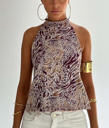 Juakoso Women Graphic Sleeveless Mock Neck Tank Top Backless Floral Print Halter Top Trendy Polka Dot Blouse Vacation Clothes4