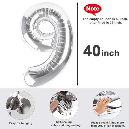Image of Number 9 Balloon Birthday Decorations, 40In Silver Balloons for Men Women | Eye-catching Appearance, Perfect Decorative Centerpieces, Convenient Self-sealing Structure, Widely for Various Occasions