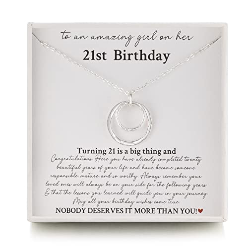 FONDROSIE Regalos de 21 cumpleaños para hija, plata de ley 925, 2 anillos, collar de círculos infinitos, joyería, regalo de cumpleaños para ella, para mujer