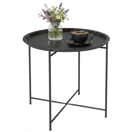 Outsunny Petite Table Basse Ronde, Table d'Appoint de Jardin, Plateau Amovible avec Bord Relevé, Pieds Pliables, Cadre en Acier, pour Balcon, Jardin,...