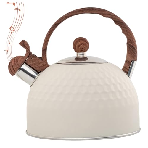 Neroyaner Théière Bouilloire à thé sifflante avec poignée en Bois Théière en Acier Inoxydable à Texture martelée de 2, 5 L Blanche au Lait sans Odeur pour cuisinière Induction