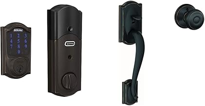 SCHLAGE BE469ZP CAM 716 SCHLAGE Connect Smart Deadbolt with Alarm Inbuilt Camelot Trim in Aged Bronze & Lock Company Camelot Front Entry Handle Georgian Interior Knob (Aged Bronze) FE285 CAM 716 GEO